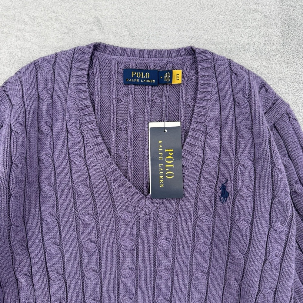 Polo Ralph Lauren Sweater Women's M Cable Knit V Neck Pullover Pony Purple - Picture 3 of 11
